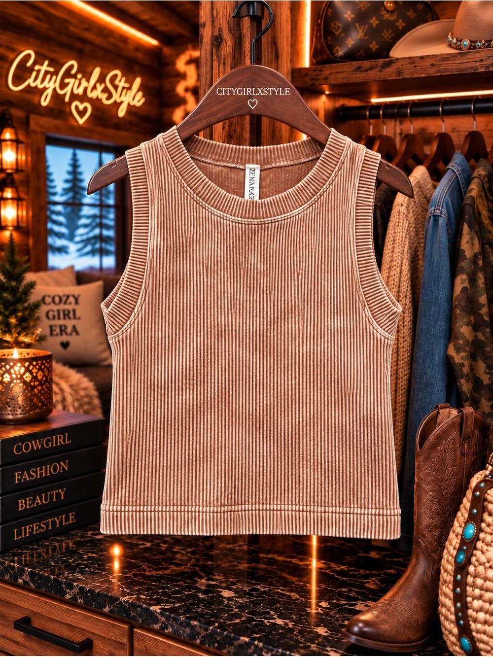 Zenana Outfitters Ribbed Tank Top — Camel Tan Sleeveless Crop
